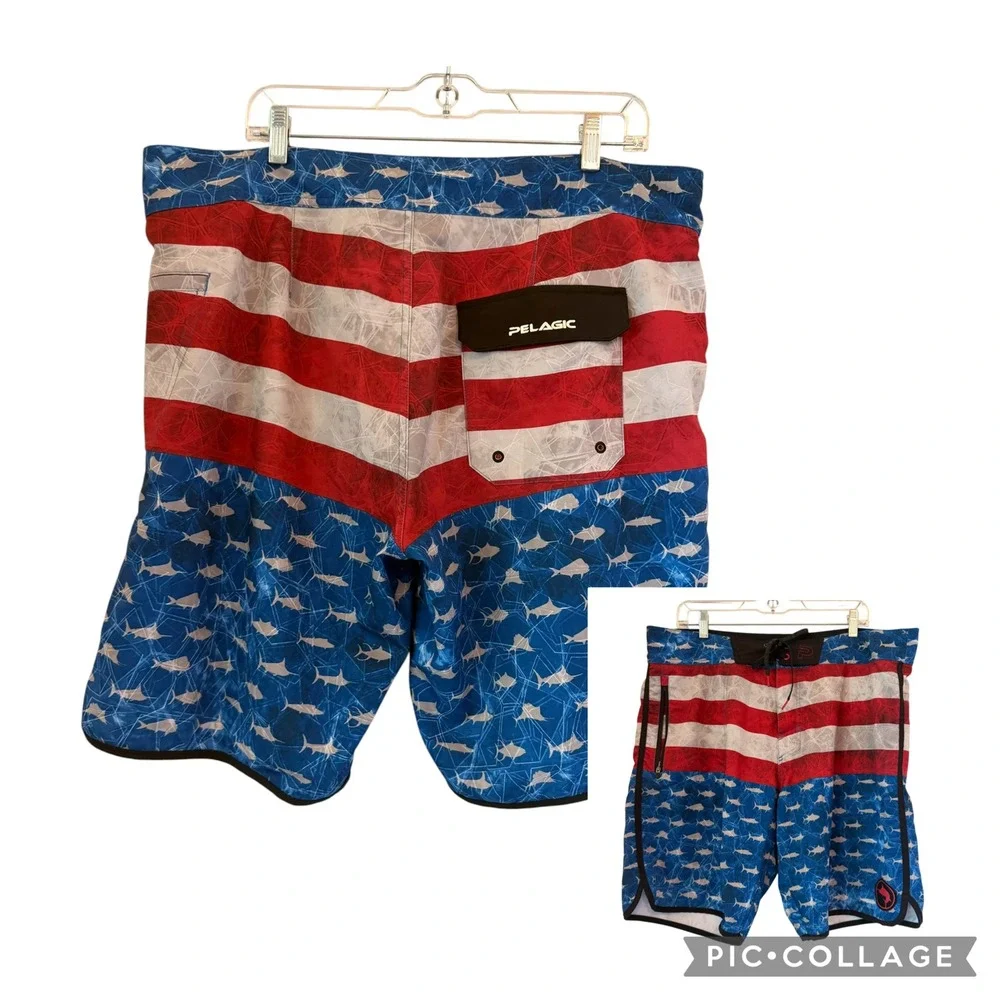 Pelagic The Wedge Boardshorts Mens 38 Patriotic American Flag Marlin Fishing XL
